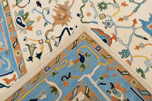 Hand Spun Wool Hand Knotted Loose Laid Carpet White and Blue