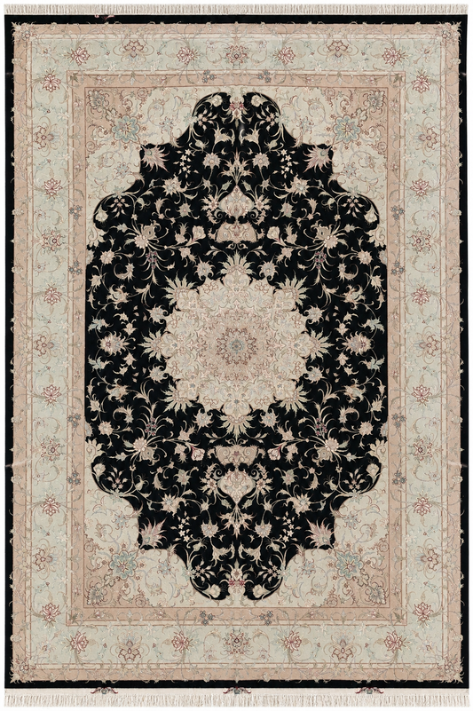 Tabriz Royal Wool and Silk on Silk Base Black/Beige/Pink 10 X 7 FT