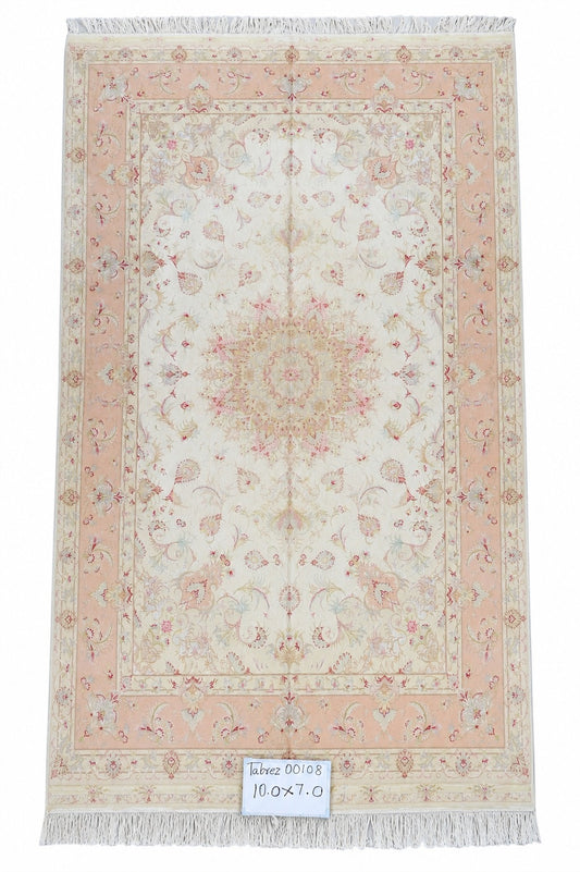 Tabriz Wool and Silk Cream Pink Fine Hand Knotted 10 X 7 FT