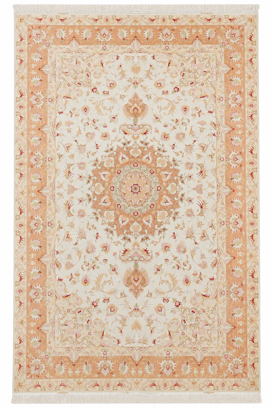 Tabriz Royal Wool and Silk on Silk Base Cream/Peach Fine Hand Knotted