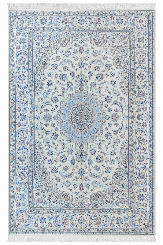 Nein Wool and Silk Made from Kurk Wool Fine Hand Knotted Cream/blue