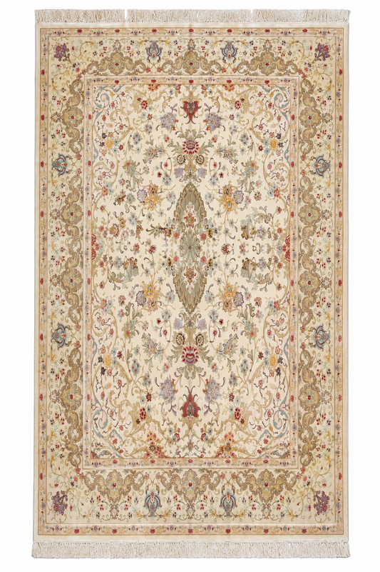Tabriz Royal Wool and Silk on Silk Base Gold Beige Fine Hand Knotted 8 X 6.5 FT