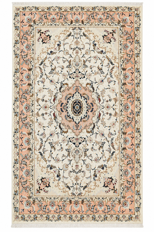 Tabriz Wool and Silk Cream/ Peach Fine Hand Knotted