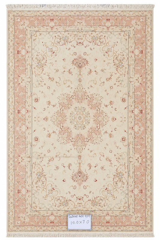 Tabriz Wool and Silk Cream/ Peach Fine Hand Knotted 10 X 7 FT