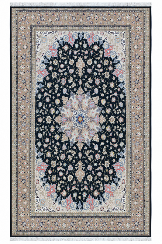Tabriz Wool and Silk Black /Beige Fine Hand Knotted 11 by 8 FT