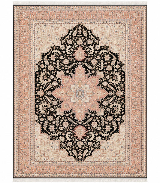 Tabriz Herez Wool and Silk Black/Pink Fine Hand Knotted 10 X 7 FT