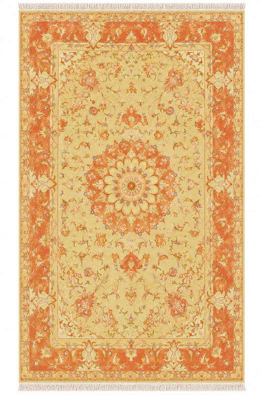 Tabriz Wool and Silk Cream Peach Fine Hand Knotted 10 X 7 FT