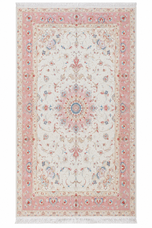 Tabriz Wool and Silk Cream Pink Fine Hand Knotted 10 X 7 FT