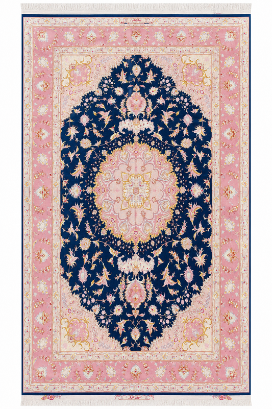 Tabriz Royal Wool and Silk on Silk Base Blue/Pink Fine Hand Knotted 10 X 7 FT