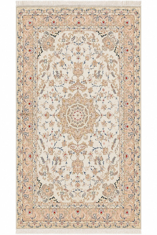 Tabriz Wool and Silk Cream/ Peach Fine Hand Knotted 10 X 7 FT