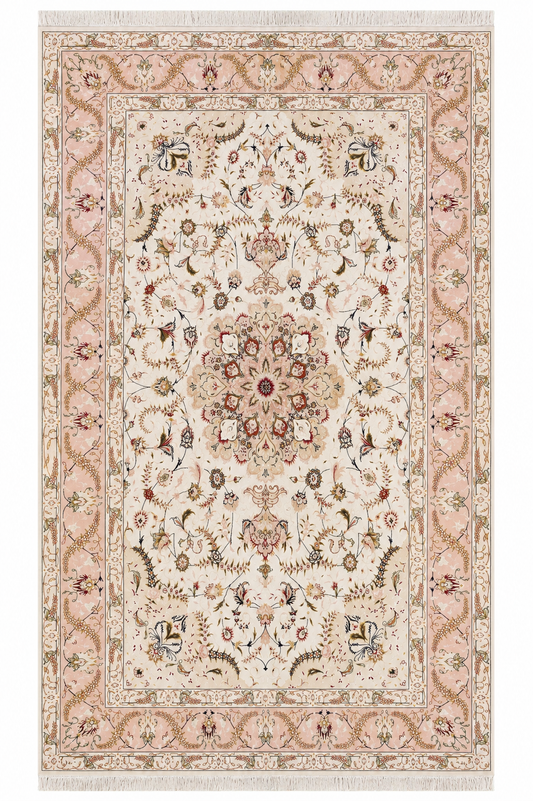 Tabriz Wool and Silk Cream/ Peach Fine Hand Knotted 10 by 7 FT
