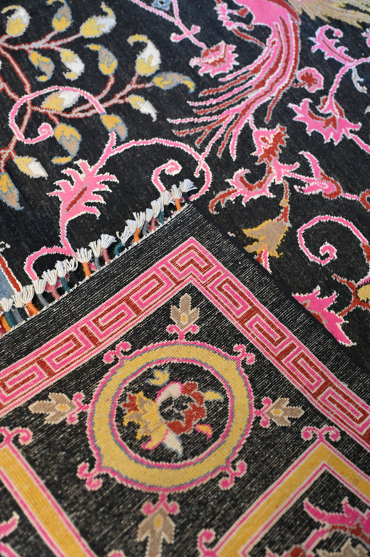 Chinese Design Handspun Wool Hand Knotted Black 12 X 9 FT