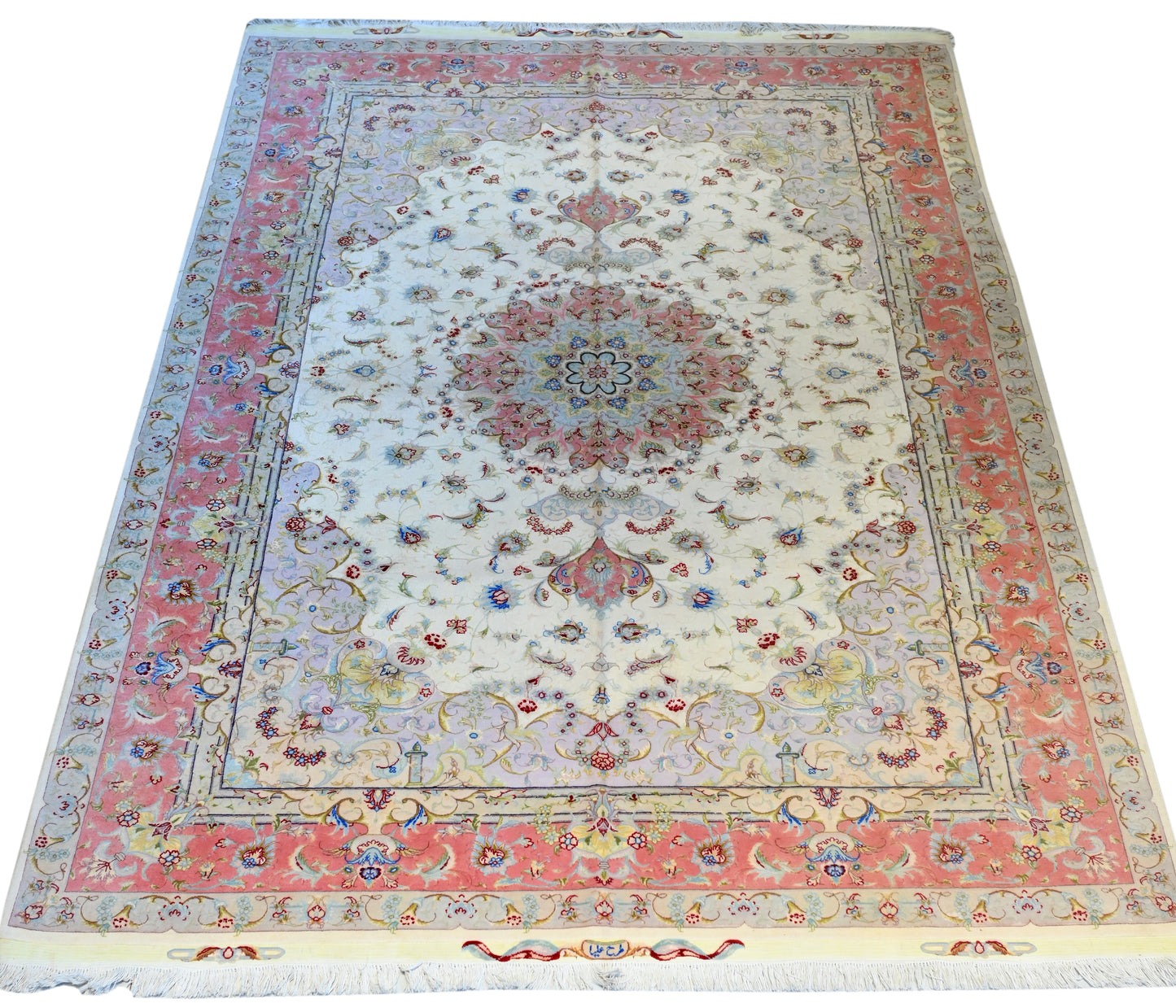 Tabriz Wool and Silk Cream Pink Fine Hand Knotted 10 X 7 FT