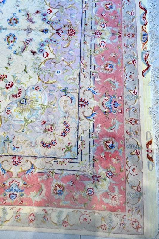 Tabriz Wool and Silk Cream Pink Fine Hand Knotted 10 X 7 FT