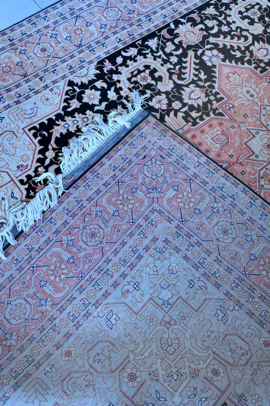 Tabriz Herez Wool and Silk Black/Pink Fine Hand Knotted 10 X 7 FT