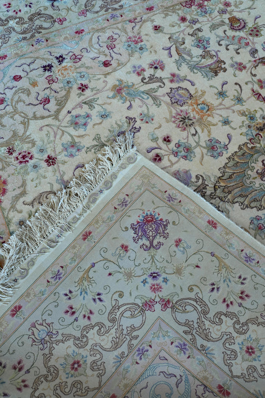 Tabriz Royal Wool and Silk on Silk Base Gold Beige Fine Hand Knotted 8 X 6.5 FT