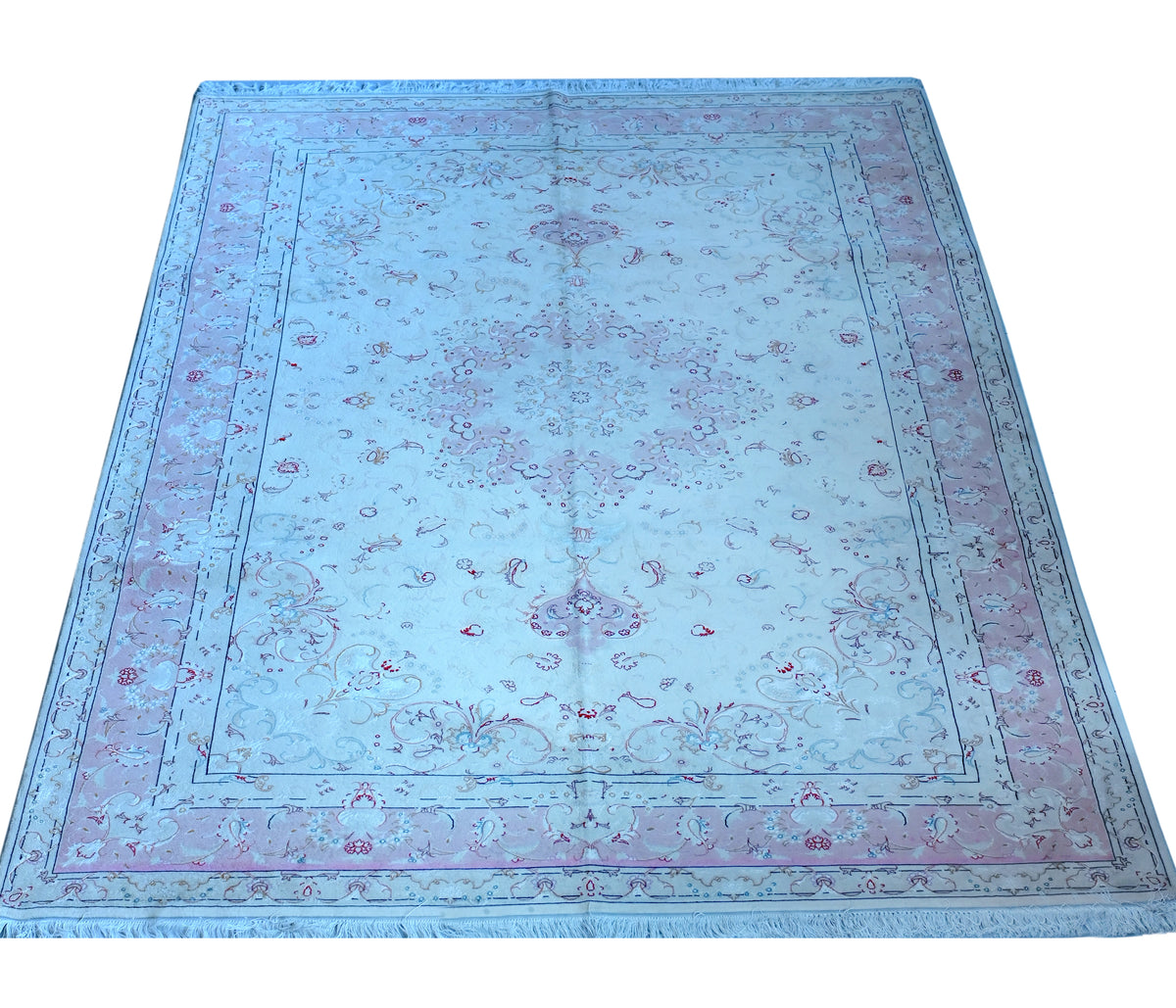 Tabriz Wool and Silk Cream Pink Fine Hand Knotted 10 X 7 FT