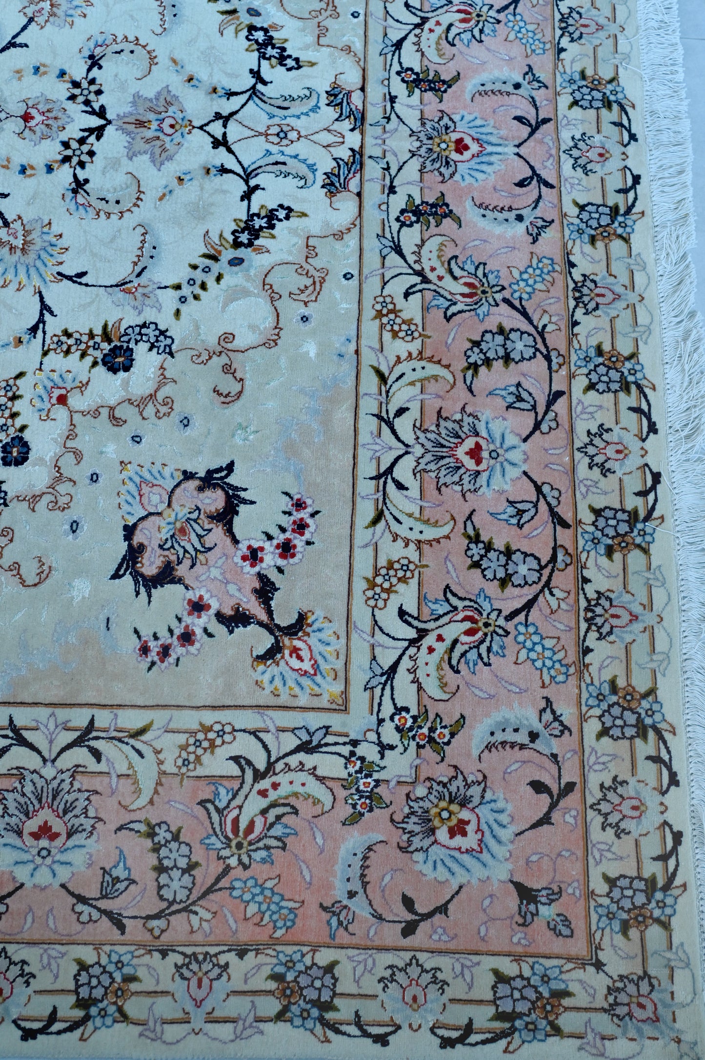 Tabriz Wool and Silk Cream/ Peach Fine Hand Knotted 10 X 7 FT