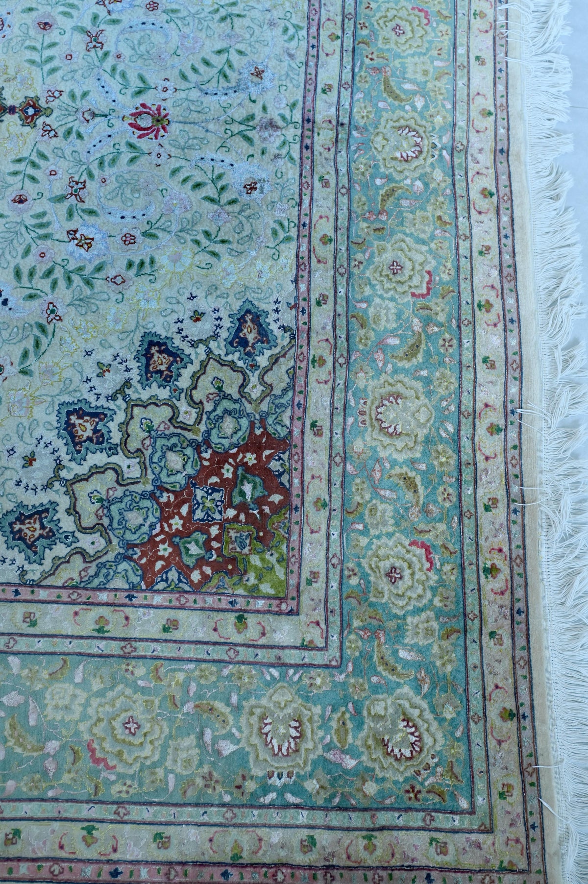 Tabriz Wool and Silk Beige/Green Fine Hand Knotted 10 X 7 FT