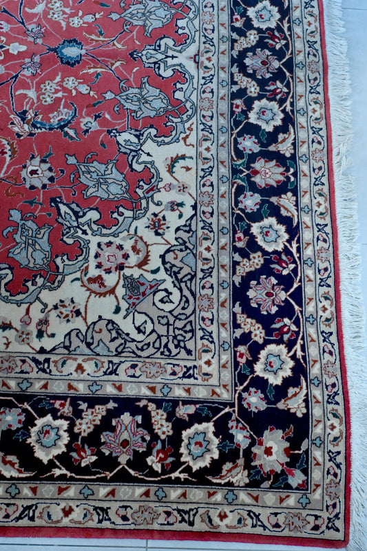 Tabriz Wool and Silk Maroon/Black Fine Hand Knotted 10 X 7 FT