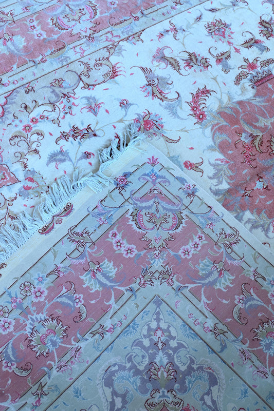 Tabriz Wool and Silk Cream/ Peach Fine Hand Knotted 10 X 7 FT
