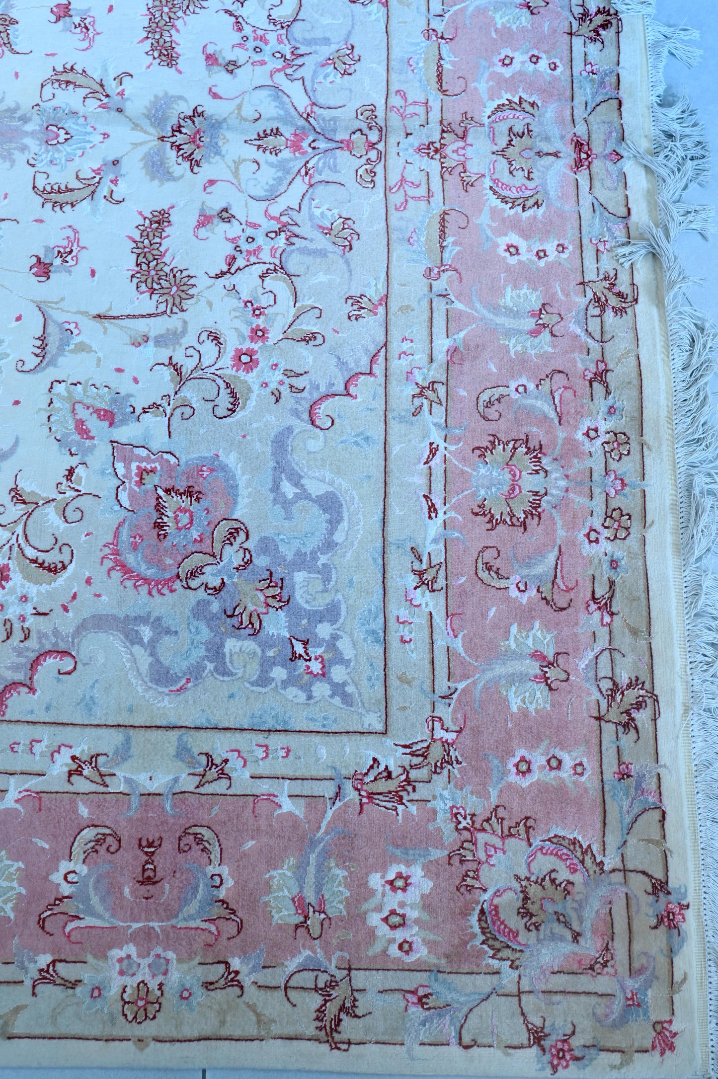 Tabriz Wool and Silk Cream/ Peach Fine Hand Knotted 10 X 7 FT