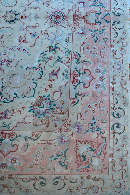 Tabriz Royal Wool and Silk on Silk Base Gold/Beige Fine Hand Knotted 10 X 7 FT
