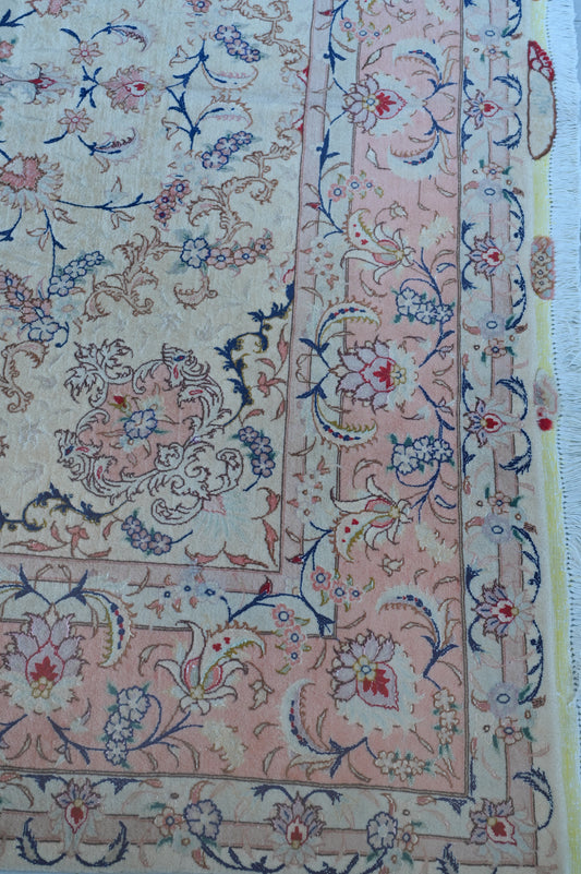 Tabriz Wool and Silk Cream/ Peach Fine Hand Knotted 10 X 7 FT