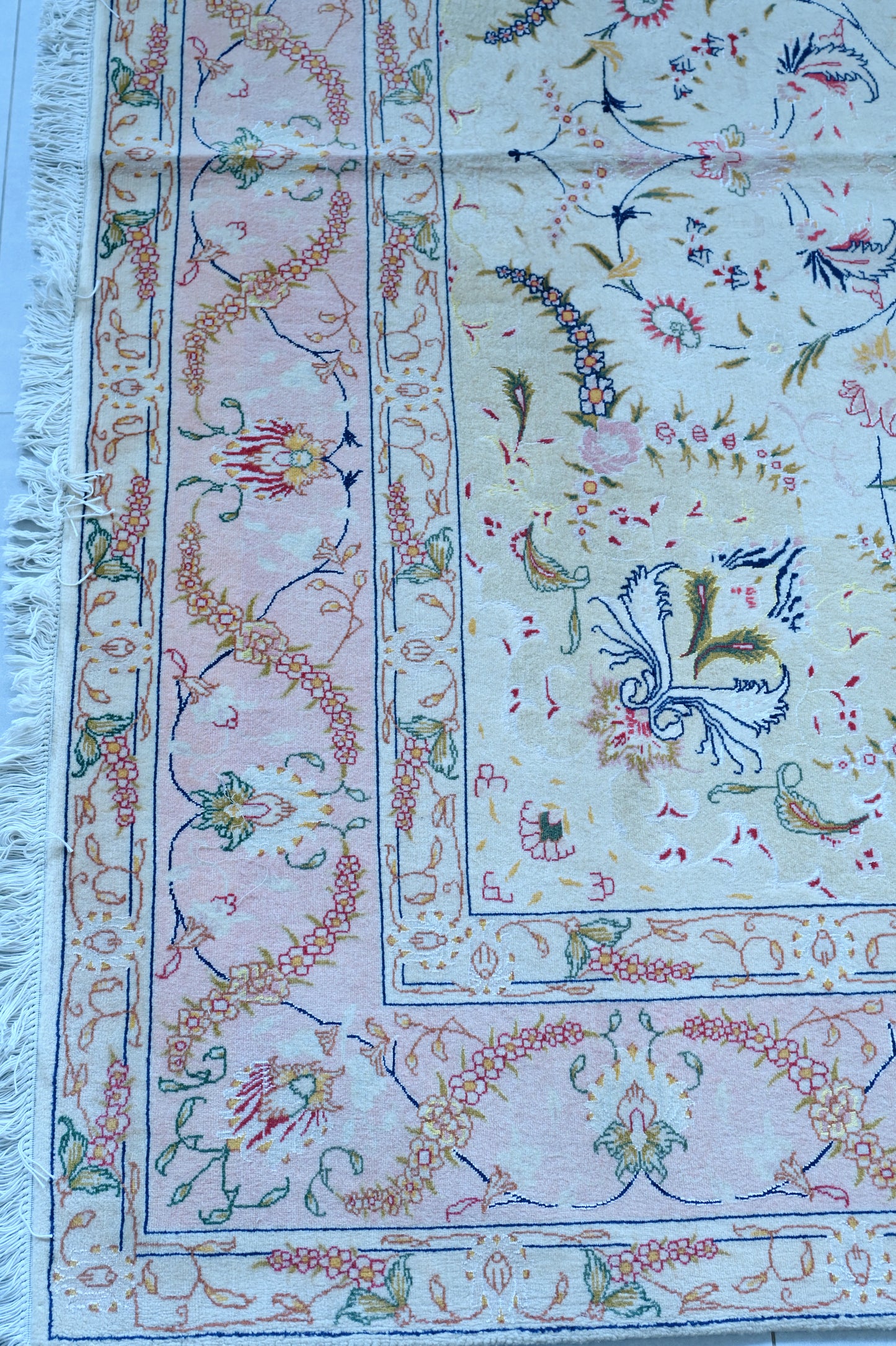 Tabriz Wool and Silk Cream/ Peach Fine Hand Knotted 10 by 7 FT