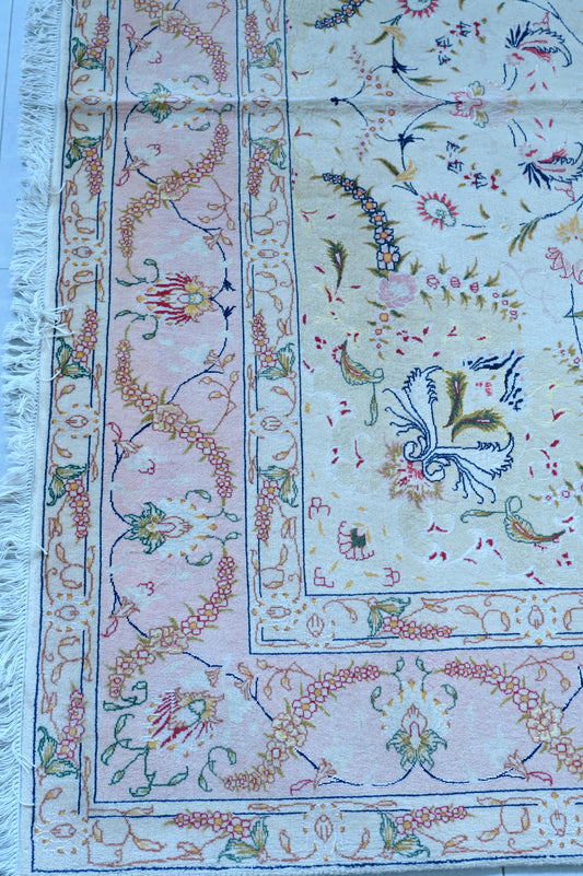 Tabriz Wool and Silk Cream/ Peach Fine Hand Knotted 10 by 7 FT