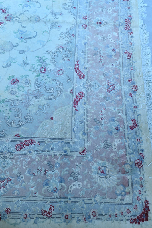 Tabriz Wool and Silk Cream Pink Fine Hand Knotted 11 X 8 FT