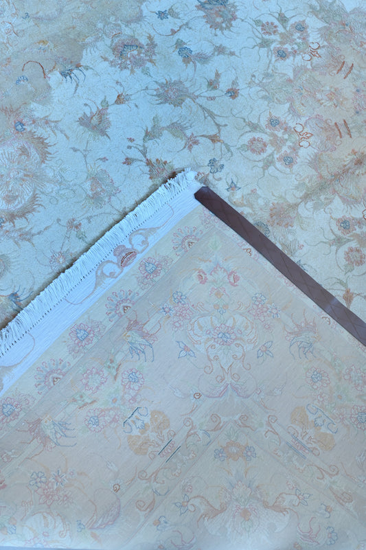 Tabriz Wool and Silk Cream/Beige Fine Hand Knotted 10 X 7 FT