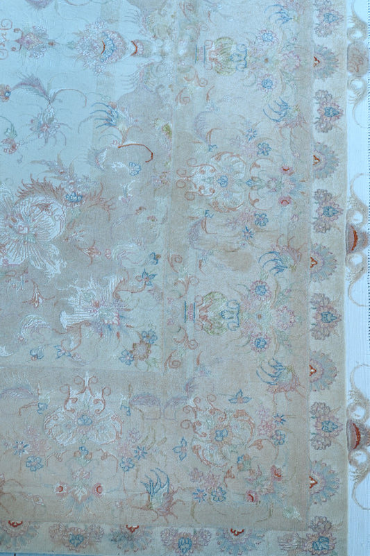 Tabriz Wool and Silk Cream/Beige Fine Hand Knotted 10 X 7 FT