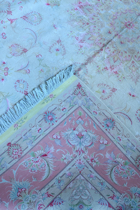 Tabriz Wool and Silk Cream Pink Fine Hand Knotted 10 X 7 FT