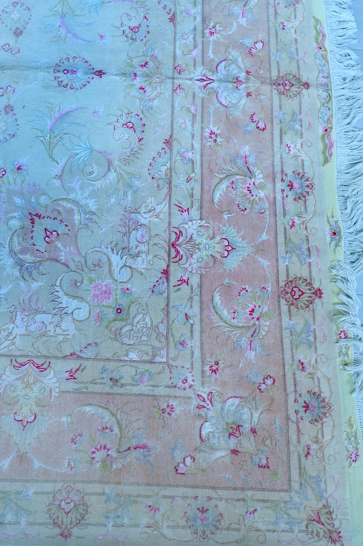 Tabriz Wool and Silk Cream Pink Fine Hand Knotted 10 X 7 FT