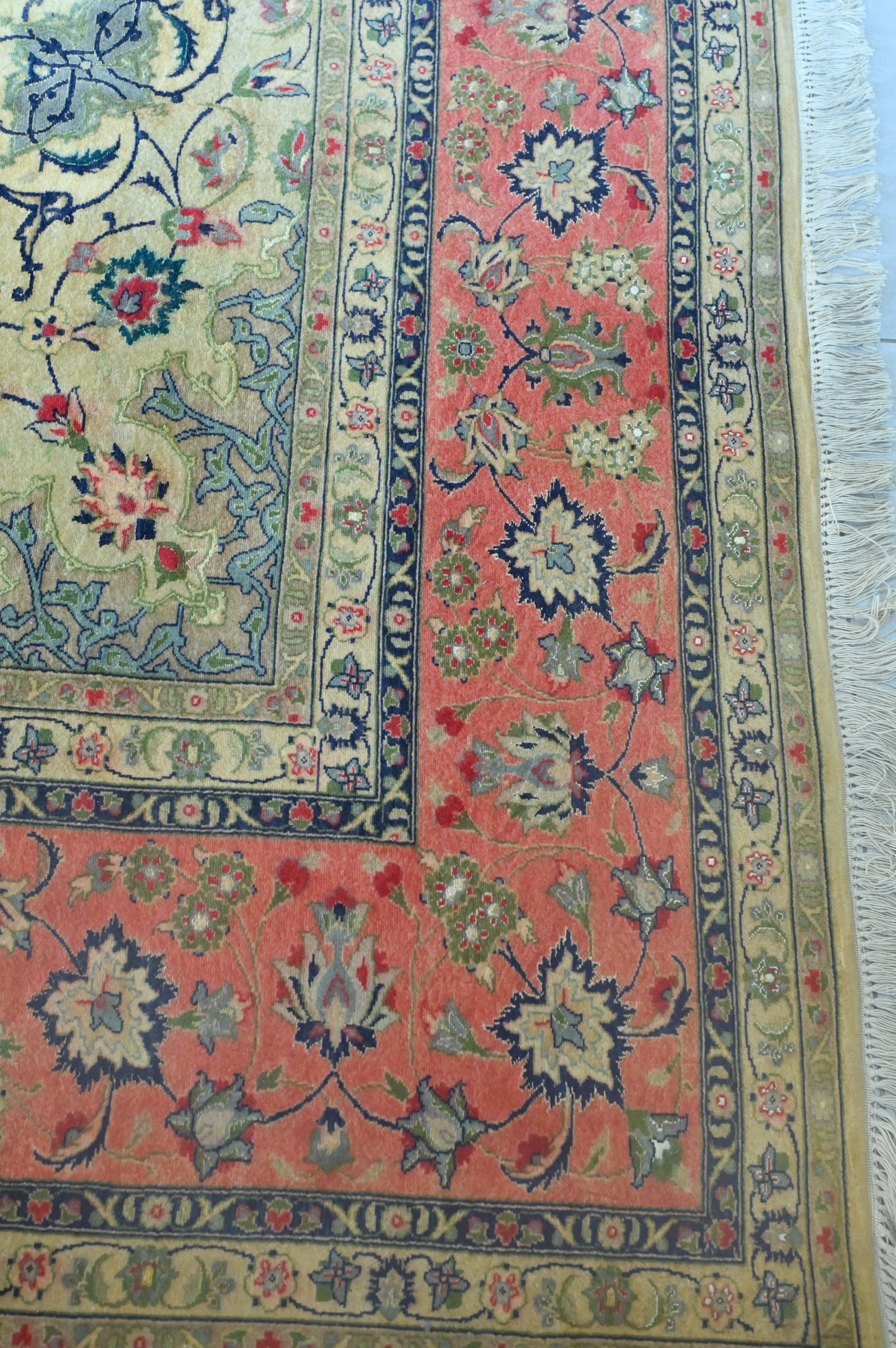 Tabriz Wool and Silk Yellow/Peach Fine Hand Knotted 11 X 8 FT