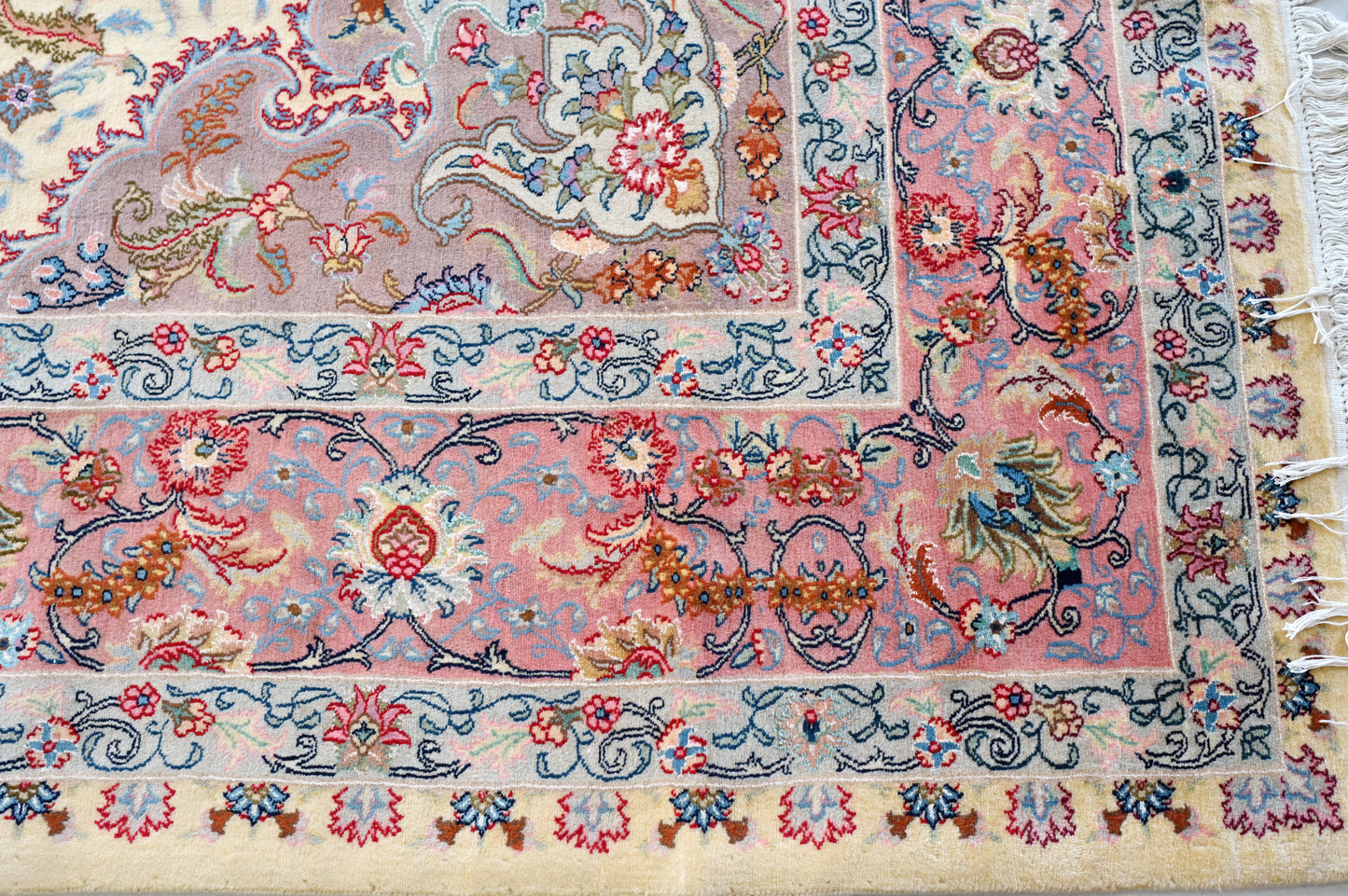 Tabriz Wool and Silk Fine Hand Knotted Cream and Pink 13 X 10 FT