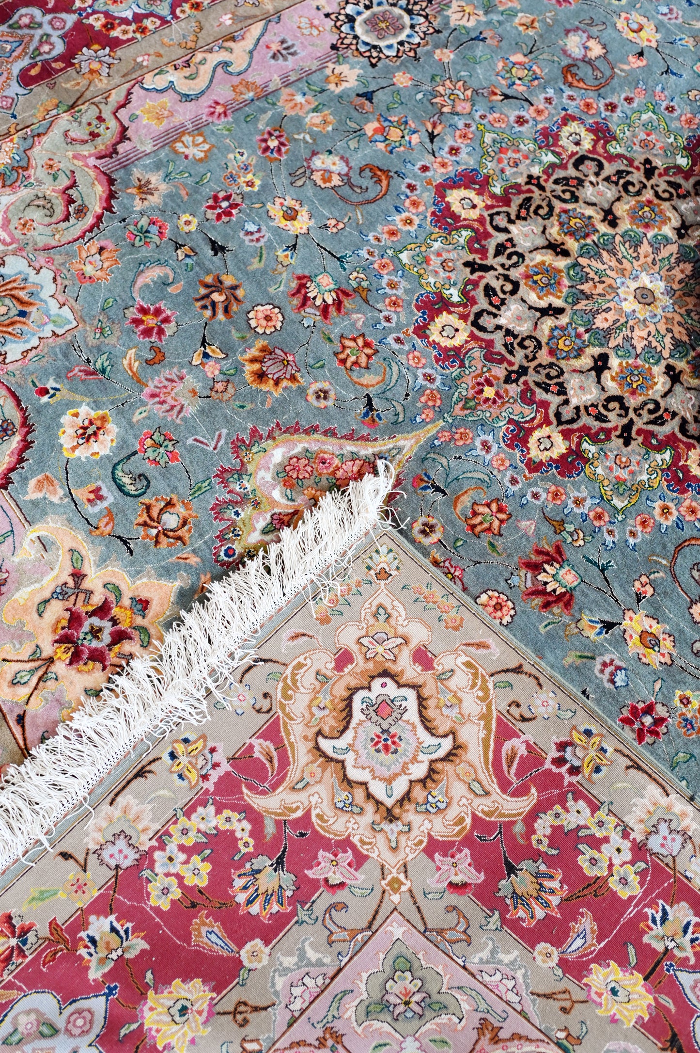 Tabriz Wool and Silk Maroon/Black Fine Hand Knotted 10 X 7 FT