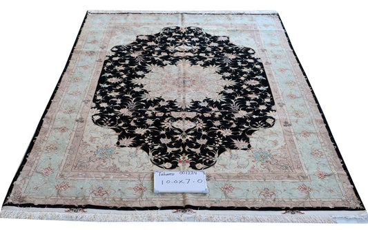Tabriz Royal Wool and Silk on Silk Base Black/Beige/Pink 10 X 7 FT