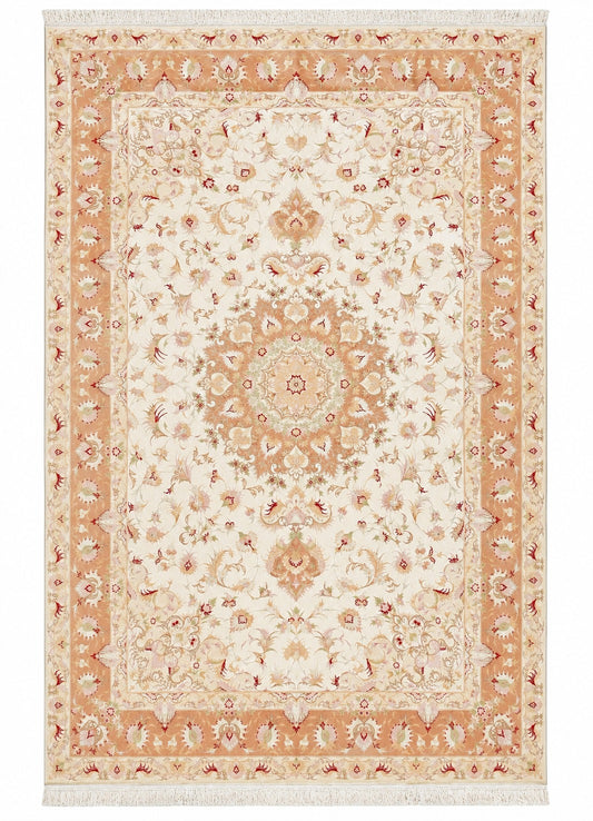 Tabriz Wool and Silk Cream Pink Fine Hand Knotted 10 X 7 FT