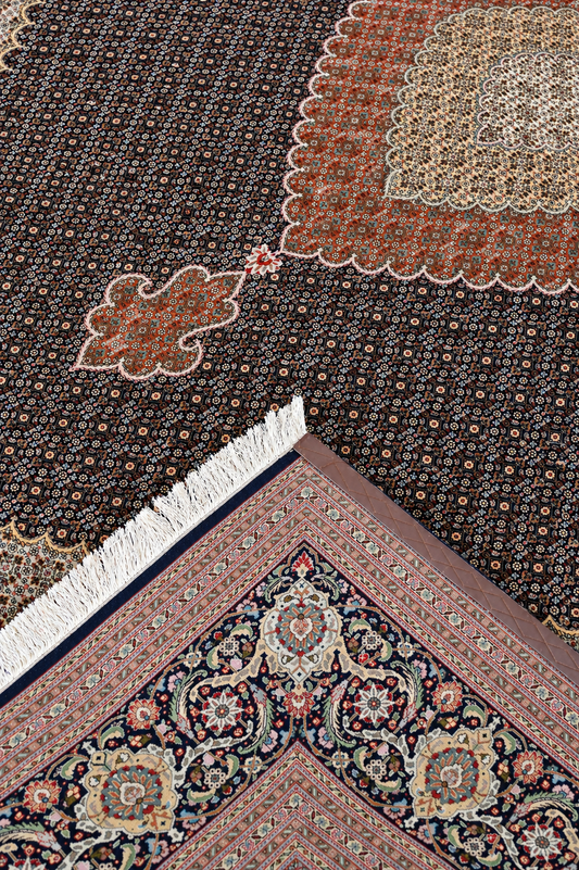 Tabriz Mahi wool and silk, rust and black, fine hand knotted 13 X 10 FT
