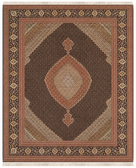 Tabriz Mahi wool and silk, rust and black, fine hand knotted 13 X 10 FT
