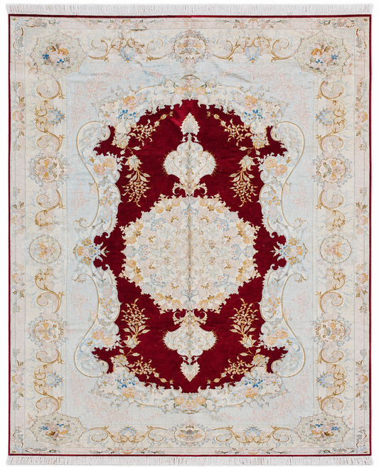 Tabriz wool and silk, red/beige, fine hand knotted 10 X 7 FT