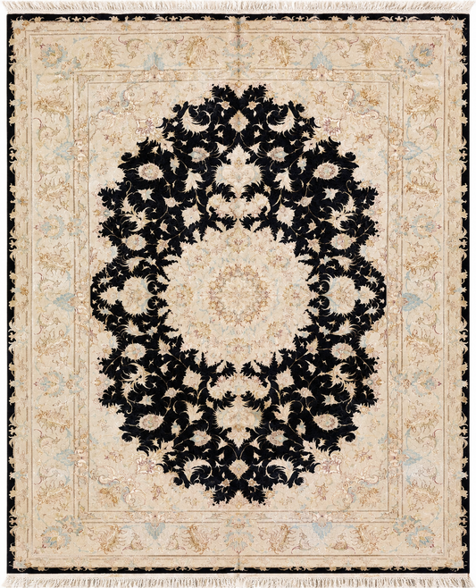 Tabriz wool and silk, black/beige, fine hand knotted 10 X 7 FT