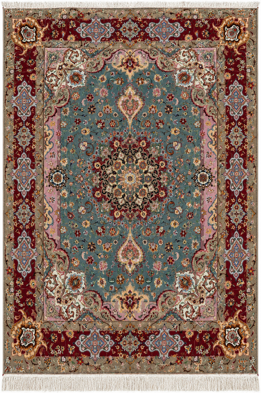 Tabriz Wool and Silk Maroon/Black Fine Hand Knotted 10 X 7 FT