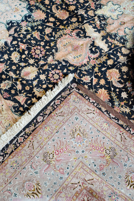 Tabriz Wool and Silk Black/Beige Fine Hand Knotted 10 X 7 FT