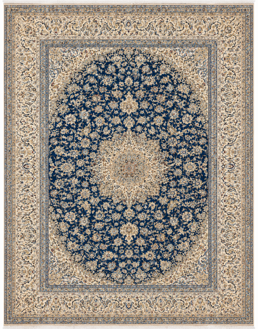 Nein Baby Lambs Wool and Silk Fine Hand Knotted Blue/Cream 16 X 10 FT