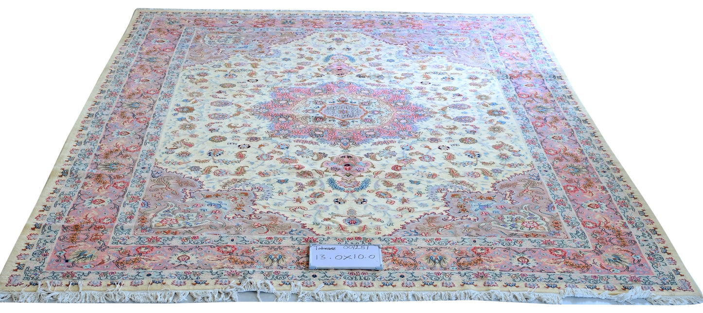 Tabriz Wool and Silk Fine Hand Knotted Cream and Pink 13 X 10 FT
