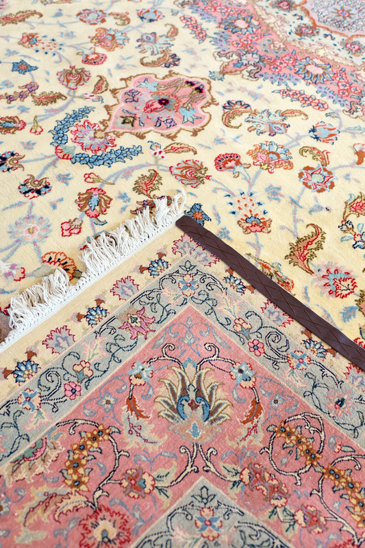 Tabriz Wool and Silk Fine Hand Knotted Cream and Pink 13 X 10 FT