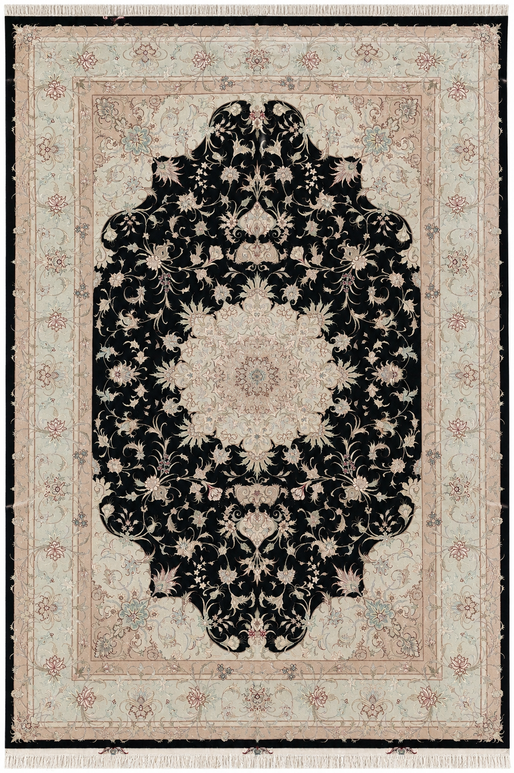 Tabriz Royal Wool and Silk on Silk Base Black/Beige/Pink 10 X 7 FT